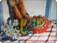 watercolor still life corn pumpkins